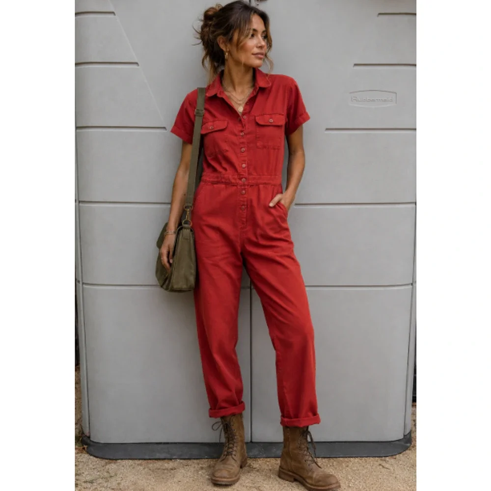 Quince Women Linen/Organic Cotton Utility Jumpsuit Overall Terracotta Sz S